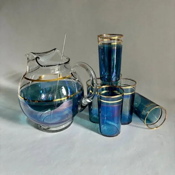 Vintage Iridescent Macbeth Evans Corning Upright Ball Pitcher & Glasses Set - Picture 5 of 14